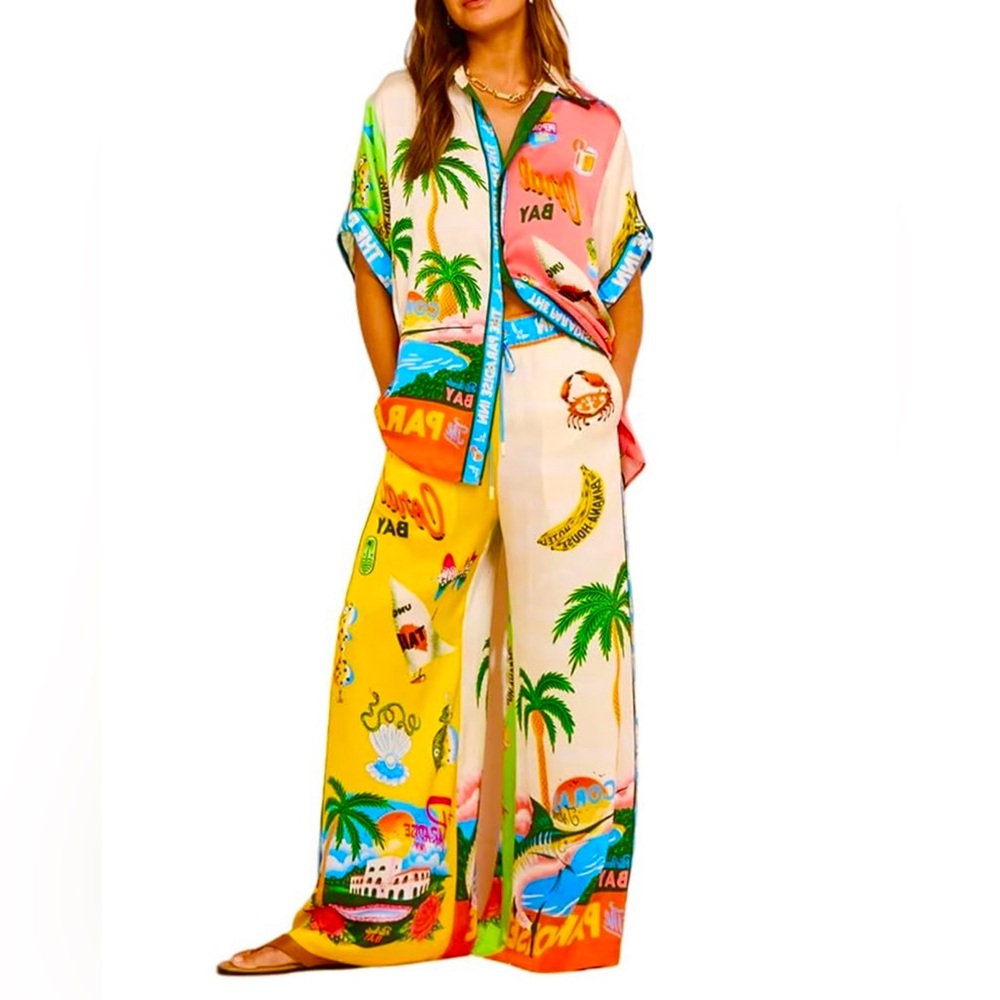 Tropical Print Wide-Leg 2 pcs Pants & Top
